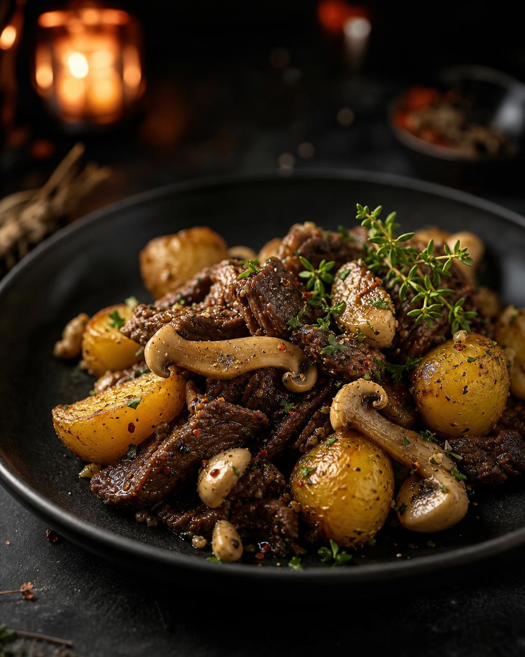 Салат из печёного картофеля с говядиной и грибами